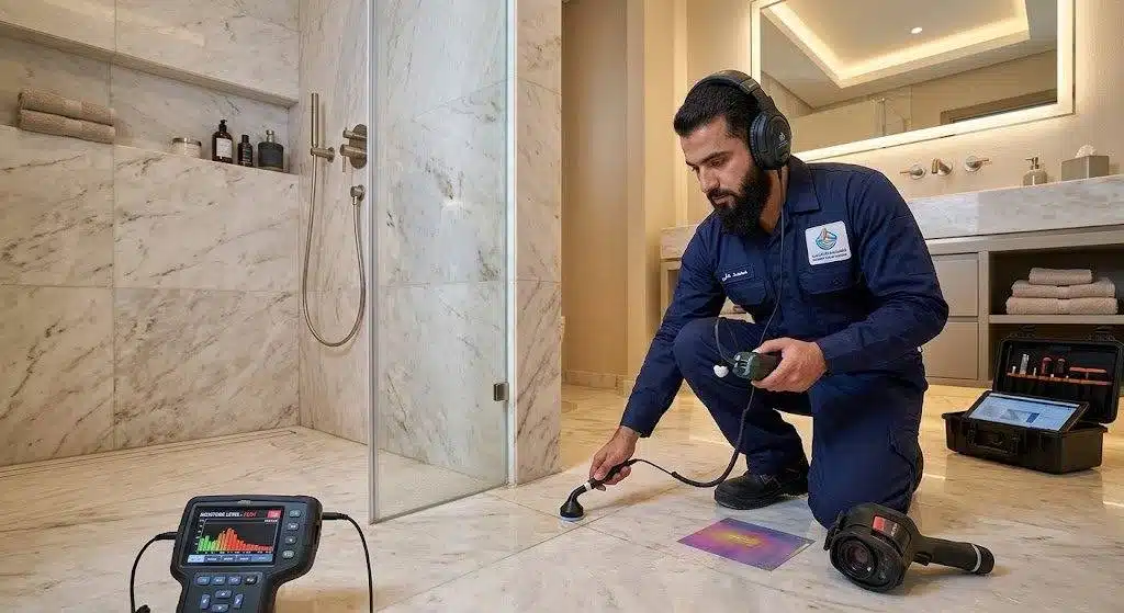 فني كشف تسربات المياه بالرياض — إعادة اختبار الضغط قبل إغلاق النقطة
